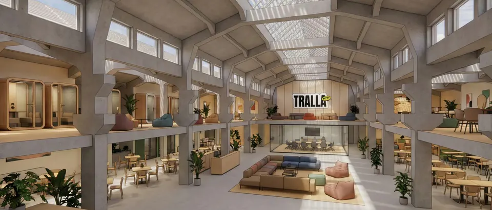 Konzeptvisualisierung: eine ruhige Halle mit Sofas, Cafétischen und Telefonkabinen auf einer Galerie.