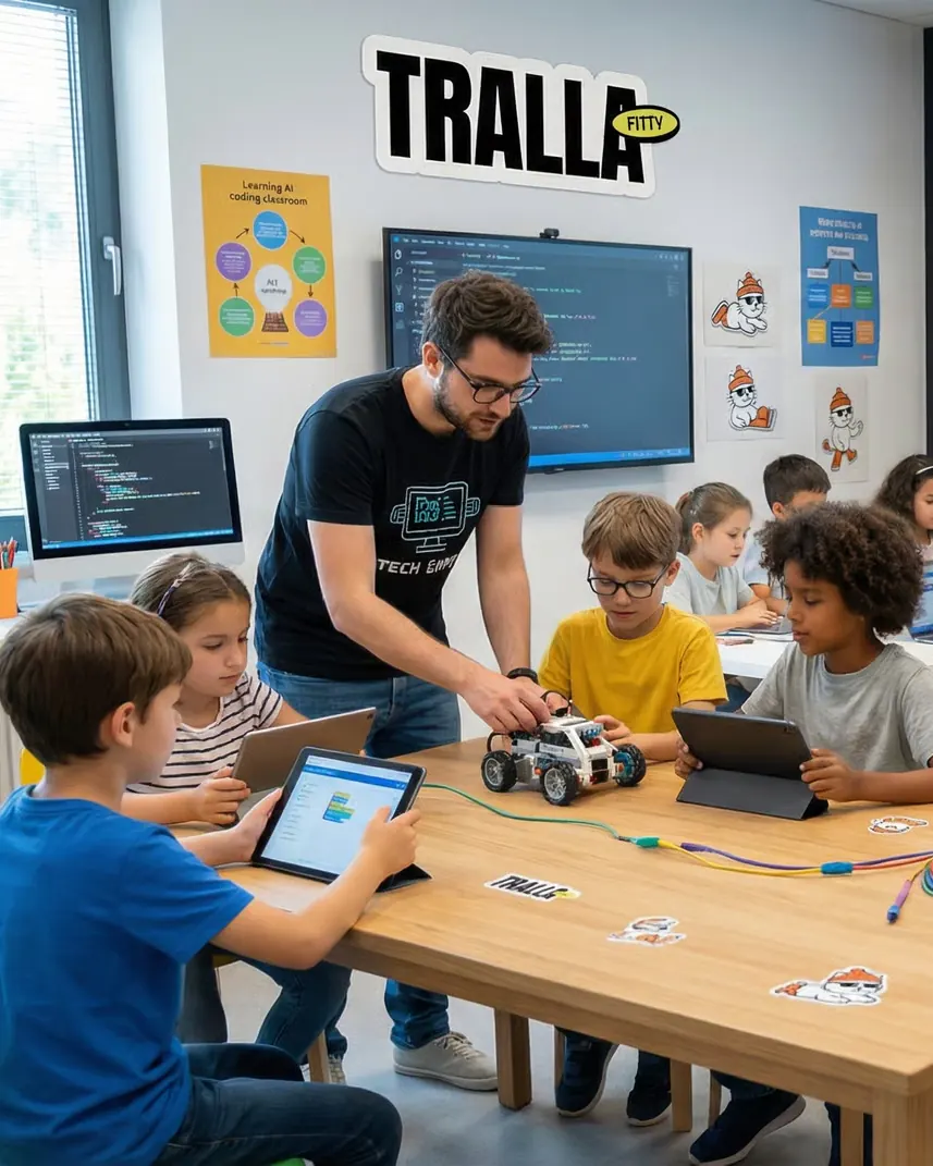 Konzeptvisualisierung: Kinder programmieren an Tablets ein kleines Roboterauto.