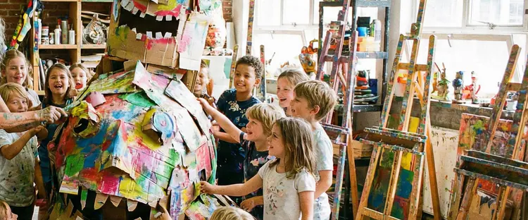 Konzeptvisualisierung: Kinder bemalen gemeinsam ein riesiges Monster aus Pappe.