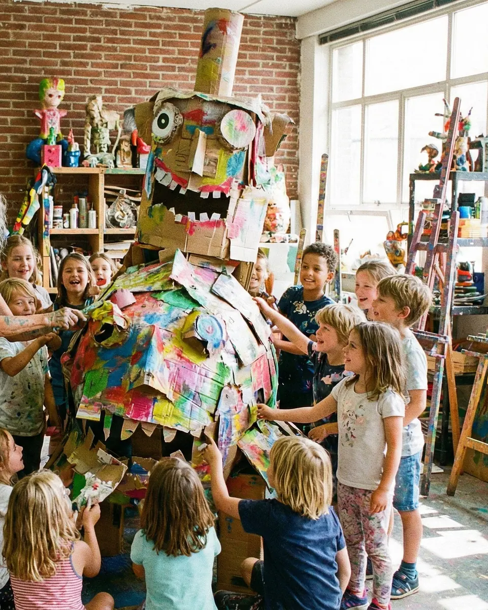 Konzeptvisualisierung: Kinder bemalen gemeinsam ein riesiges Monster aus Pappe.