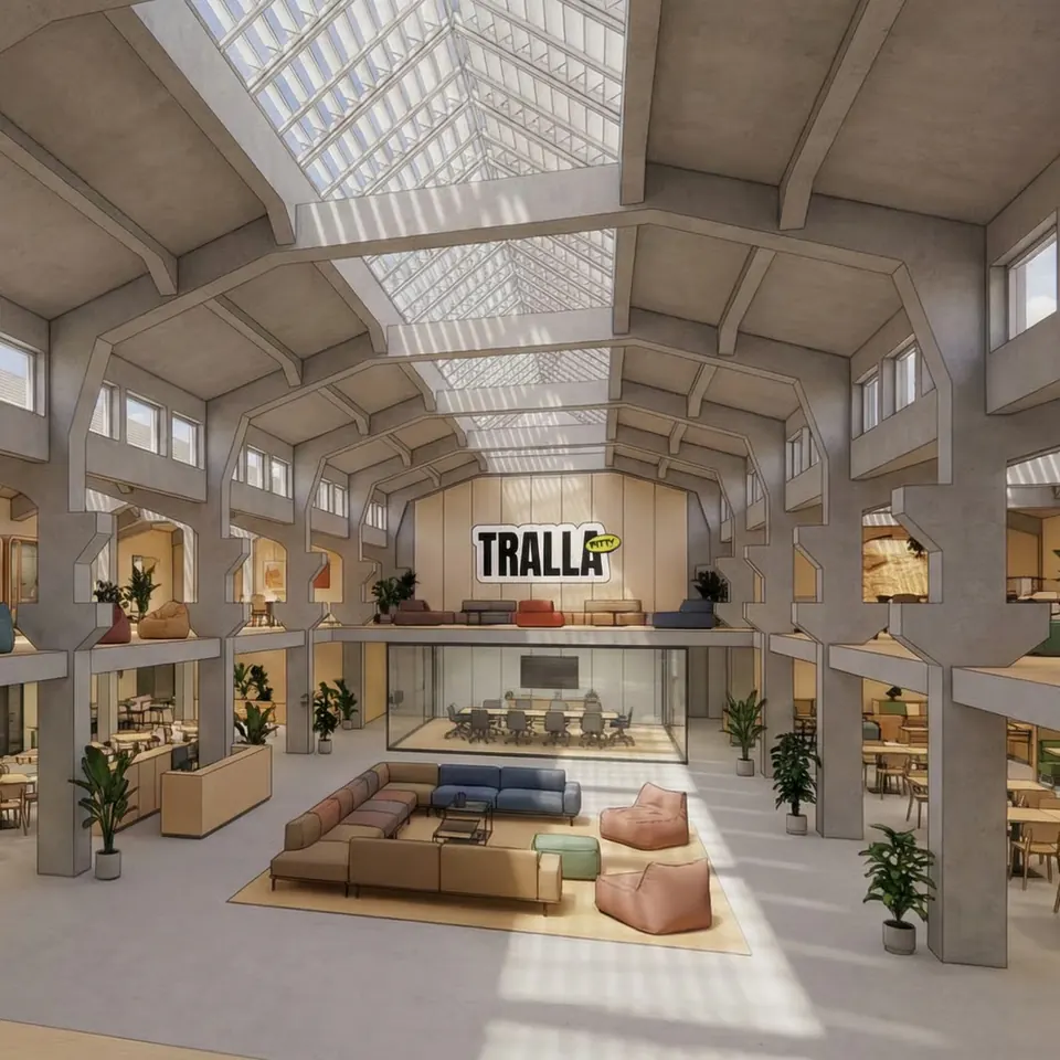 Konzeptvisualisierung: eine ruhige Halle mit Sofas, Cafétischen und Telefonkabinen auf einer Galerie.