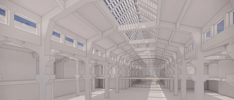 Architekturmodell (Planungsstand): die leere Halle Laut von innen.