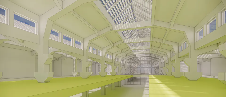Architekturmodell (Planungsstand): die leere Halle Leise von innen.