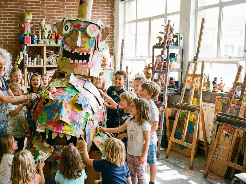 Konzeptvisualisierung: Viele Kinderhände malen an einer großen Figur aus Pappe.