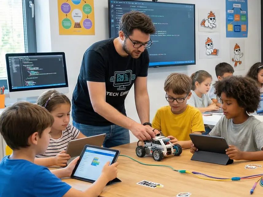 Konzeptvisualisierung: Kinder programmieren an Tablets ein kleines Roboterauto.