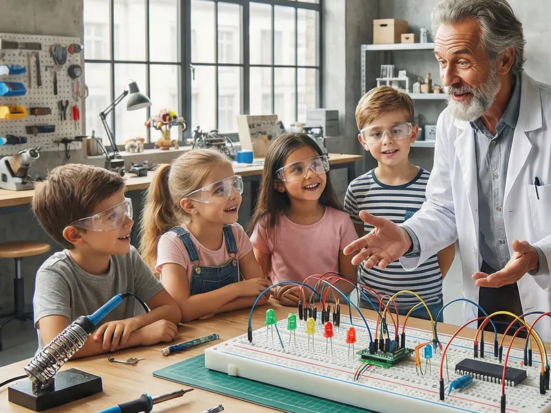 Konzeptvisualisierung: Kinder mit Schutzbrillen an einem Steckbrett mit Kabeln und Leuchtdioden.