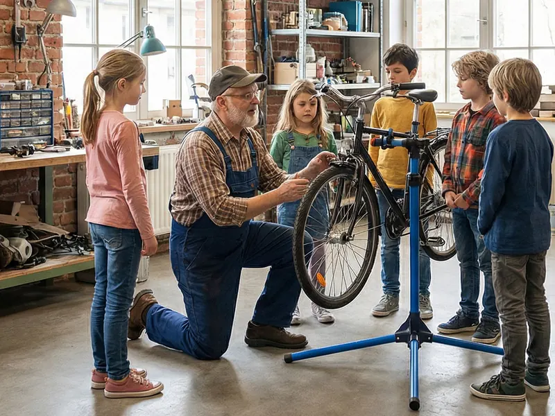 Konzeptvisualisierung: Ein Erwachsener zeigt Kindern an einem Montageständer, wie man ein Fahrrad repariert.