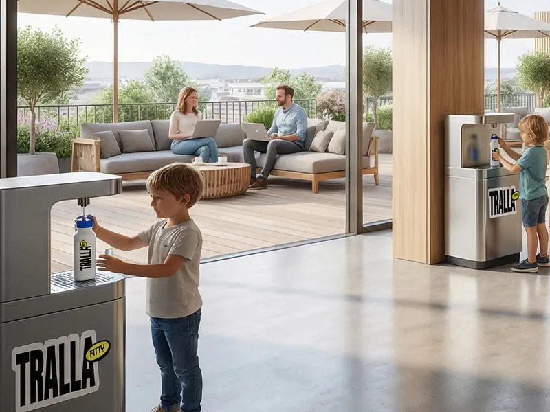 Konzeptvisualisierung: Ein Kind füllt sich an einer Wasserstation selbst eine Flasche, dahinter eine Terrasse.